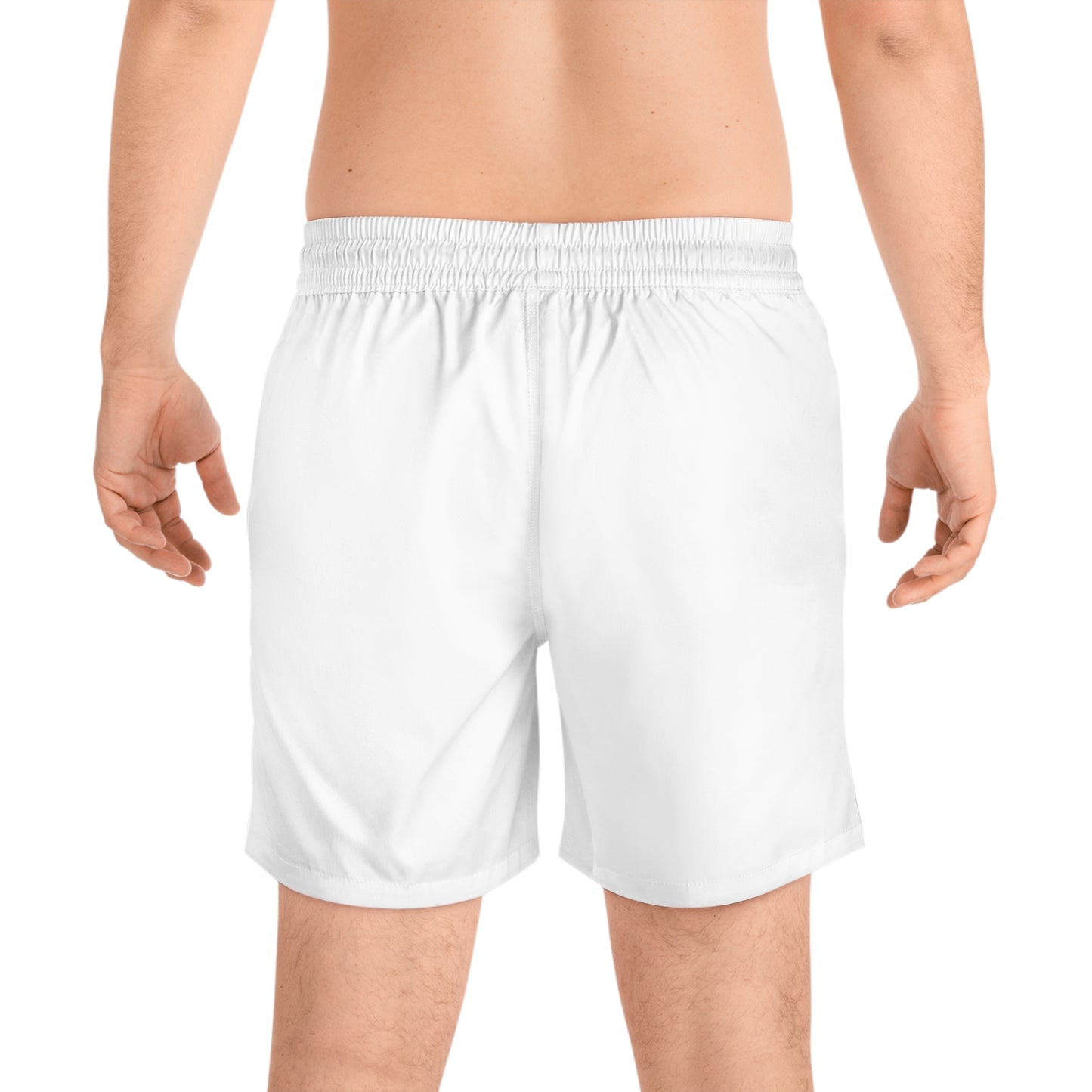 MODVS Logo Swim Shorts — White Mid-Length Men’s Beach Trunks