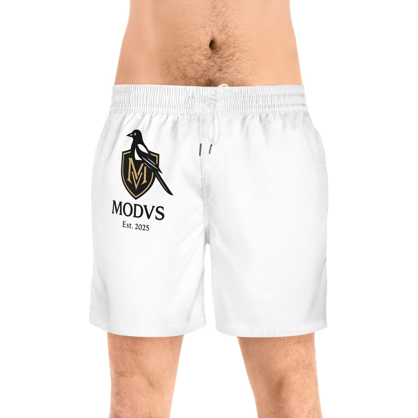 MODVS Logo Swim Shorts — White Mid-Length Men’s Beach Trunks