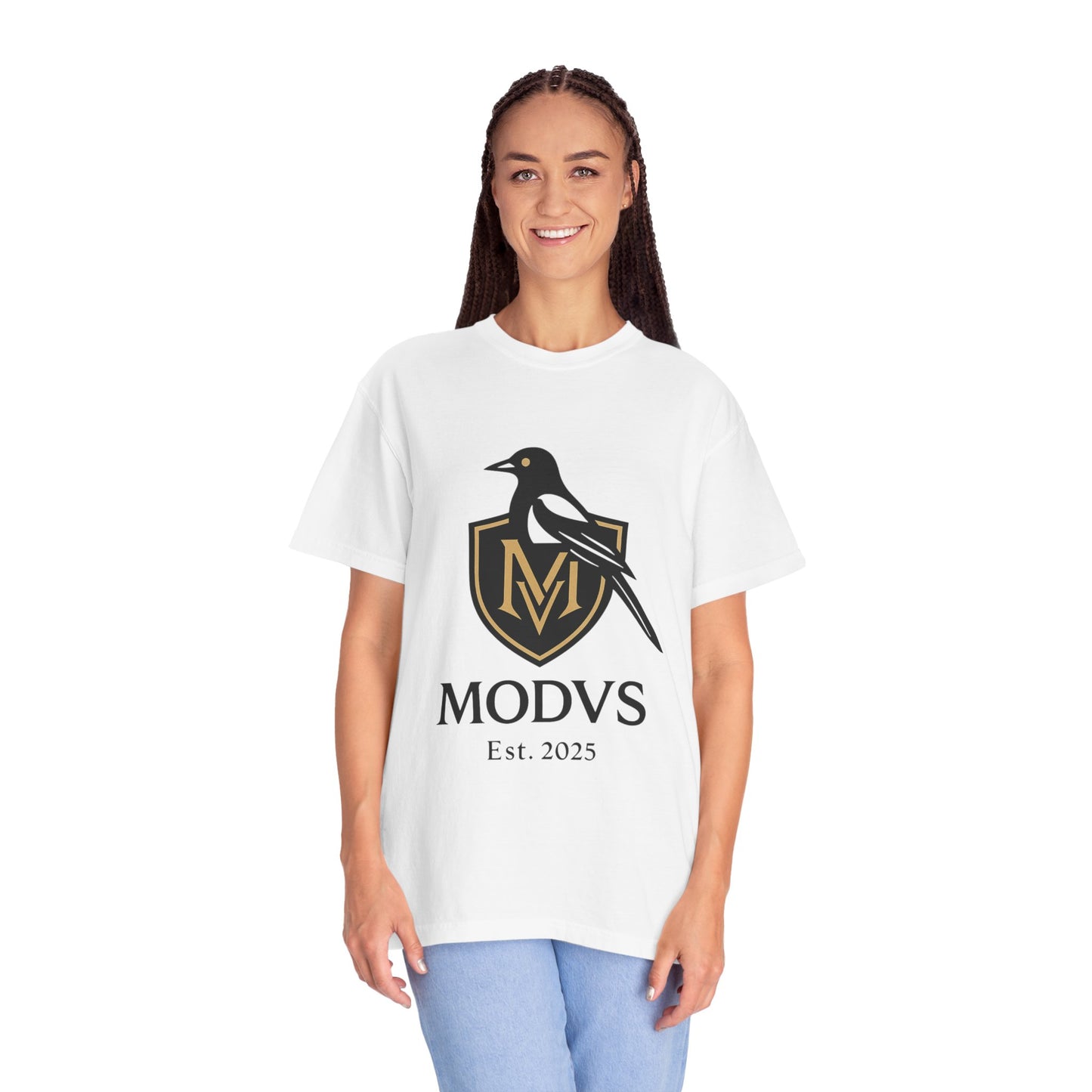 T-Shirt — MODVS Crest Tee with Magpie Logo, "MODVS Est. 2025"