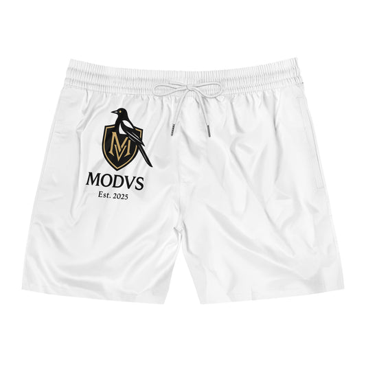 MODVS Logo Swim Shorts — White Mid-Length Men’s Beach Trunks
